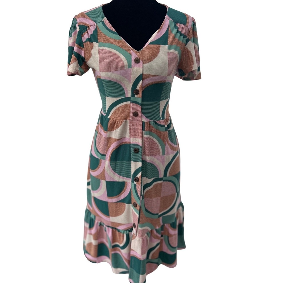 Monteau Los Angeles Geometric Abstract Button Front Midi Dress Green Pink Small